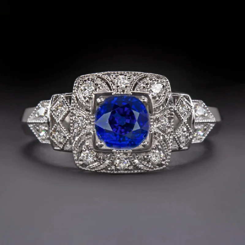 Ladies Engagement Rings with Vivianite-NATURAL SAPPHIRE ART DECO STYLE DIAMOND ENGAGEMENT RING VINTAGE INSPIRED STYLE