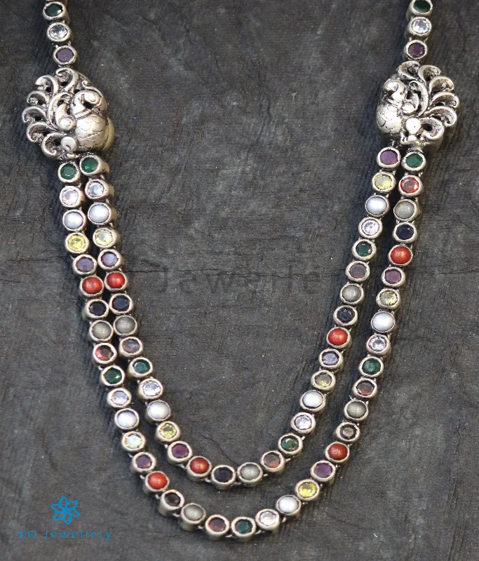 Everyday Necklaces -The Abhinaya Silver Reversible Peacock Navratna Necklace (Oxidised)