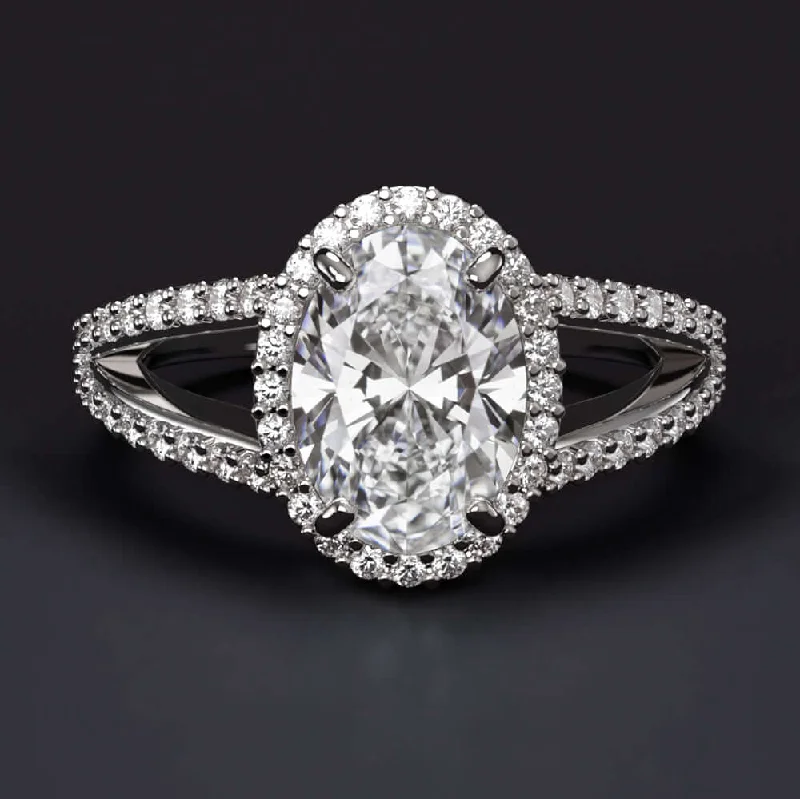 Ladies Engagement Rings Nature Inspired-1.5ct LAB CREATED DIAMOND ENGAGEMENT RING F VVS2 OVAL SHAPE CUT HALO SPLIT SHANK