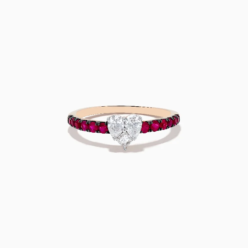 Ladies Rings for Aunts-14k Rose Gold Ruby and Diamond Heart Ring