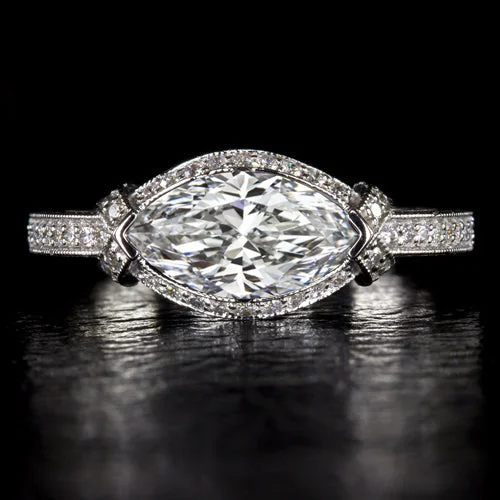 Ladies Engagement Rings with Pollucite-EAST WEST MARQUISE LAB CREATED DIAMOND ENGAGEMENT RING VINTAGE STYLE WHITE GOLD