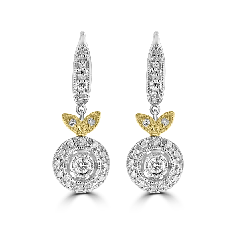 Ladies Earrings for Brides-18K WHITE AND ROSE GOLD 0.23 CTW DIAMOND HALO DROP EARRINGS