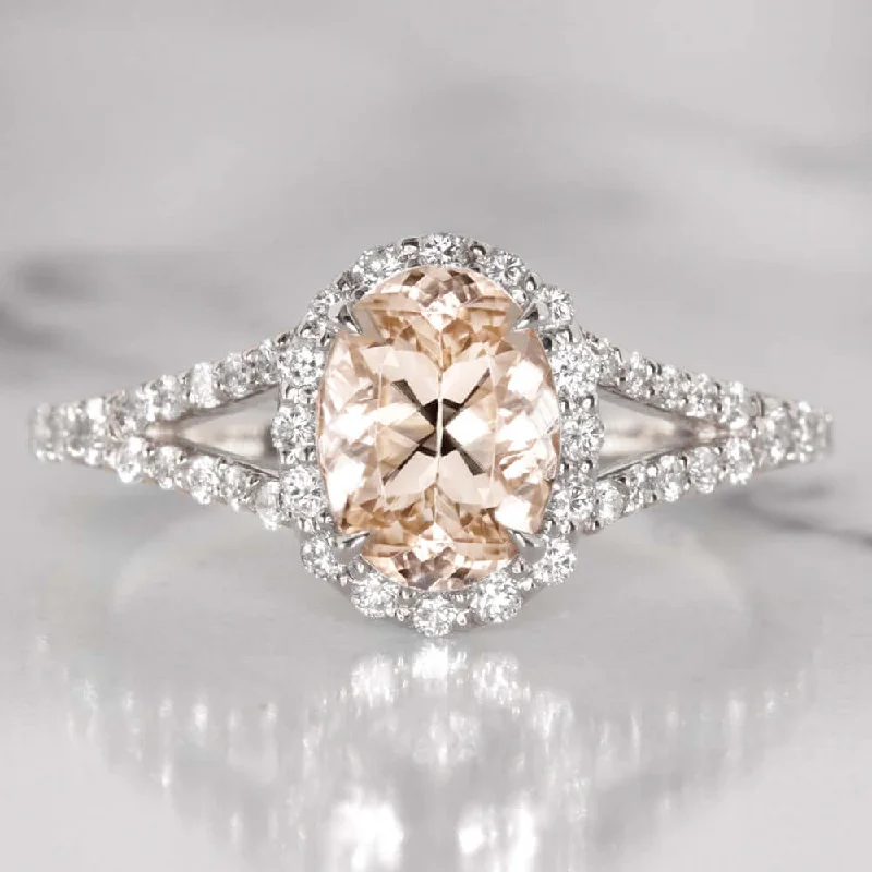 Ladies Engagement Rings Cloud Design-1.23ct OVAL MORGANITE DIAMOND 0.42ct ENGAGEMENT RING HALO SPLIT SHANK WHITE GOLD