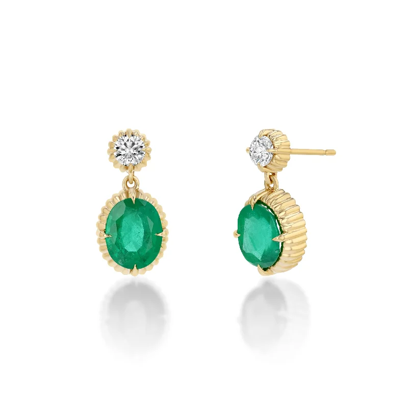 Ladies Earrings with Agate-One of a Kind Oval Emerald and Round White Diamond Drop Earrings