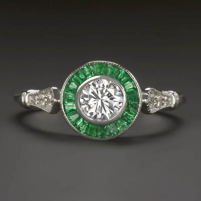 Ladies Engagement Rings Tension Setting-ROUND CUT DIAMOND EMERALD ENGAGEMENT RING ART DECO VINTAGE STYLE TARGET HALO