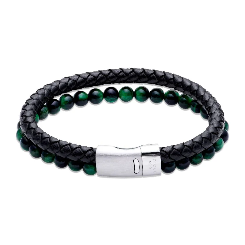 Silk Bracelets -Unique & Co Black Leather Bracelet with Green Tiger's Eye