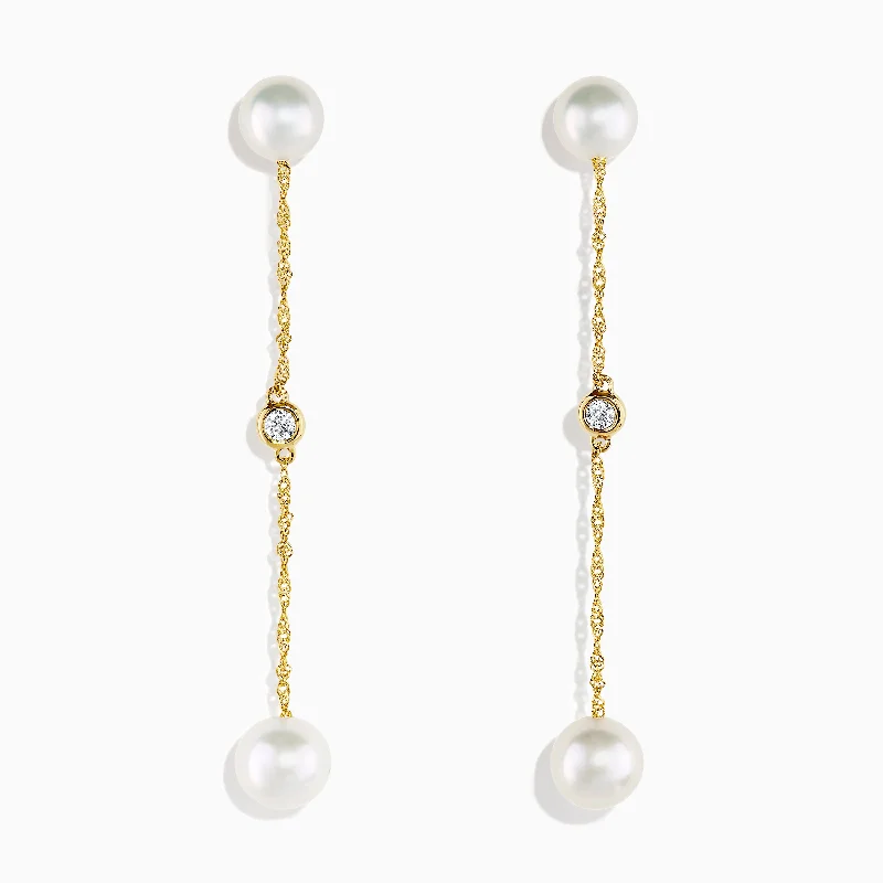 Ladies Earrings with Initials-14K Yellow Gold Cultured Freshwater Pearl and Diamond Earrings