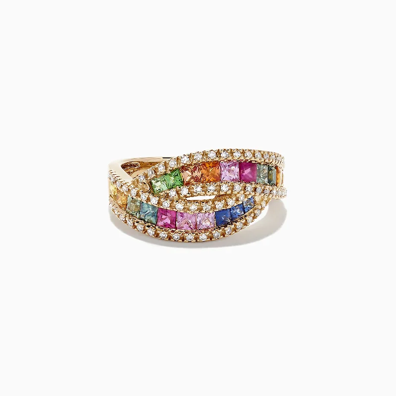 Ladies Rings with Vivianite-Watercolors 14K Yellow Gold Multi Sapphire and Diamond Ring, 1.95 TCW