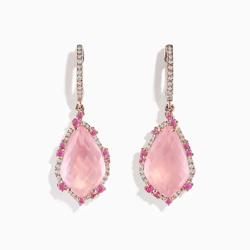 Ladies Earrings with Amber-14K Rose Gold Rose Quartz and Pink Sapphire Diamond Earrings