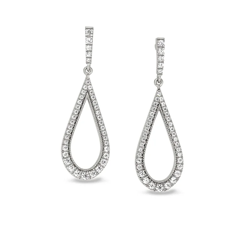 Ladies Earrings for Engagements-Platinum Finish Sterling Silver Micropave Teardrop Earrings with Simulated Diamonds