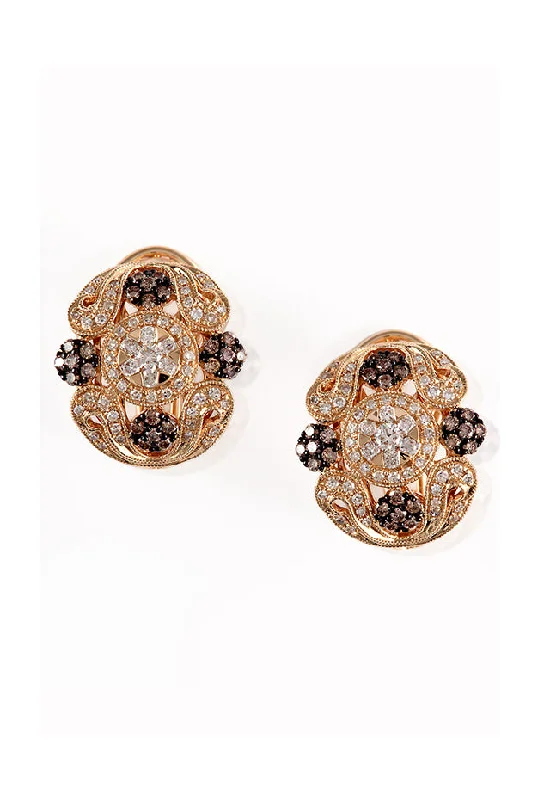 Ladies Earrings Delicate Design-14K Yellow Gold Espresso and White Diamond Earrings, 1.13 TCW