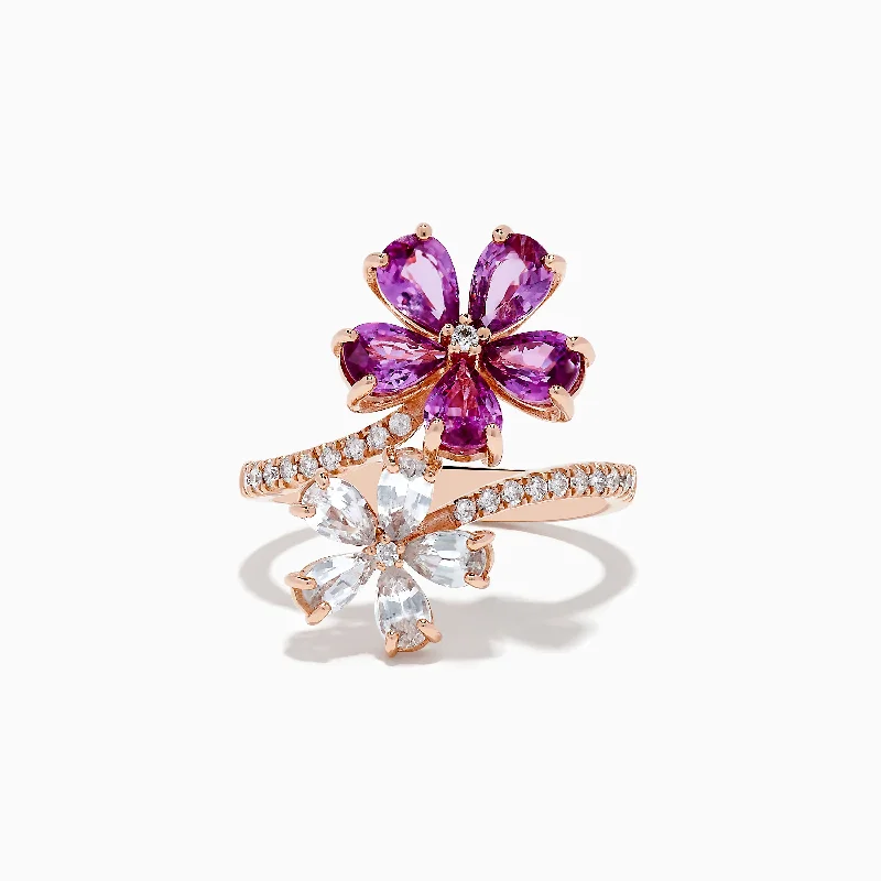 Ladies Rings with Vivianite-Nature 14k Rose Gold Pink and White Sapphire Flower Diamond ring