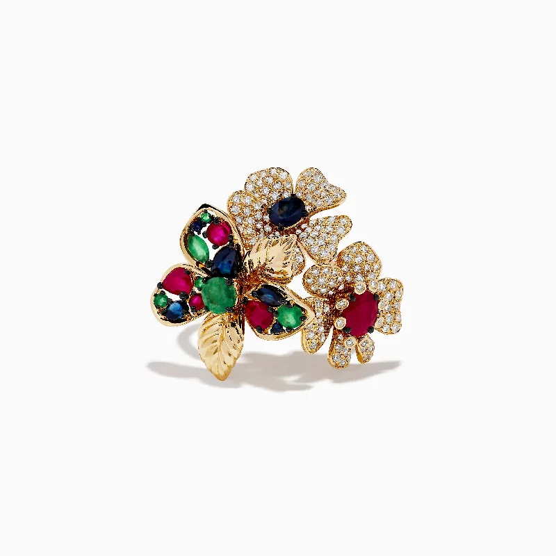 Ladies Rings Adjustable Size-14K Yellow Gold Multi Stone Flower Ring