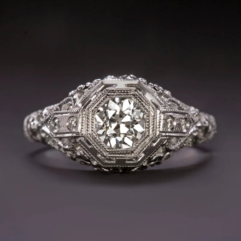 Ladies Engagement Rings Eternity Band-VINTAGE G-H VS1 DIAMOND ENGAGEMENT RING 18k WHITE GOLD FILIGREE ART DECO 1920