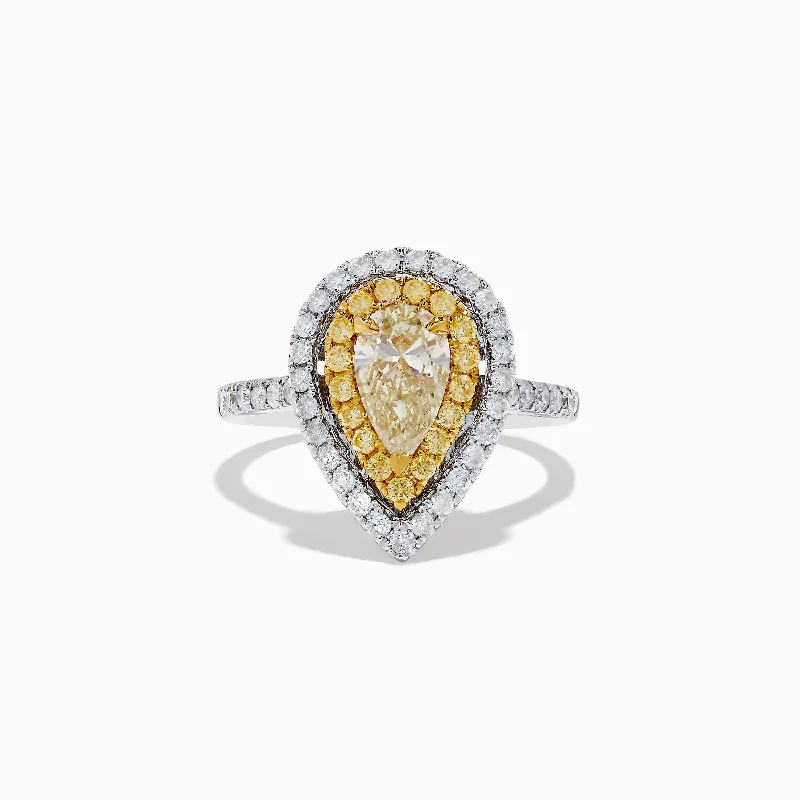 Ladies Rings with Sapphire-Canare 14K Two-Tone Pear Shaped Double Halo Yellow Diamond Ring