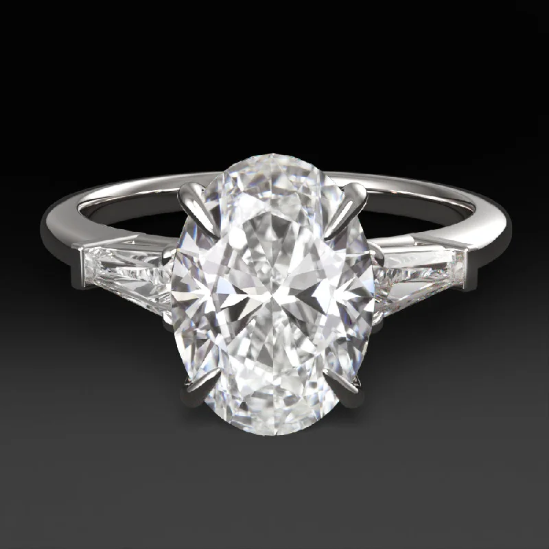 Ladies Engagement Rings Twisted Halo-2ct LAB CREATED DIAMOND ENGAGEMENT RING 3 STONE OVAL SHAPE BAGUETTE WHITE GOLD