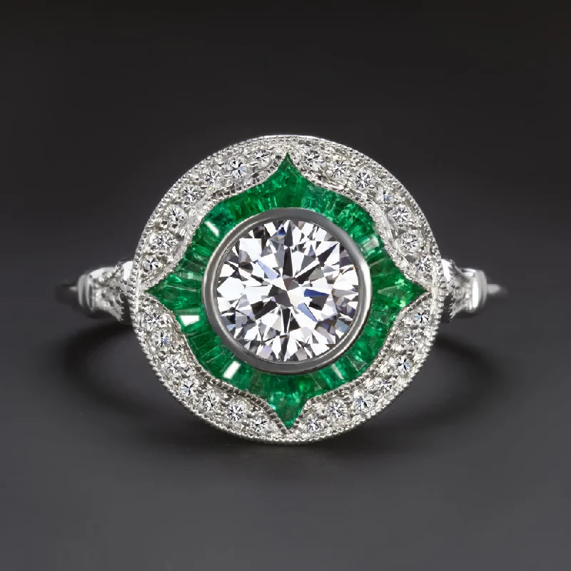 Ladies Engagement Rings Moon Halo-1 CARAT LAB CREATED DIAMOND EMERALD ENGAGEMENT RING CERTIFIED HALO VINTAGE STYLE