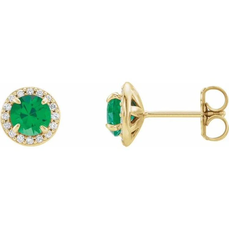 Ladies Earrings Gothic Style-14K Yellow 3.5 mm Lab-Grown Emerald & 1/8 CTW Natural Diamond Earrings