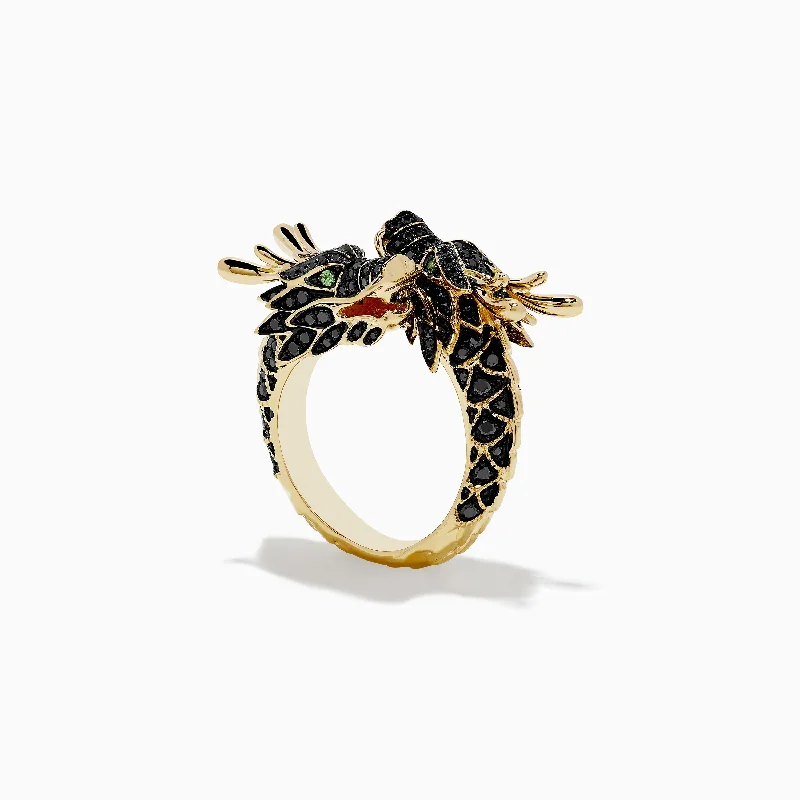 Ladies Rings with Leucite-Safari 14K Yellow Gold Black Diamond Double Headed Dragon Ring