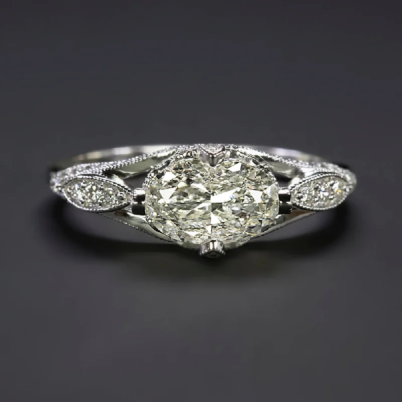 Ladies Engagement Rings Open Band-1.36ct OVAL DIAMOND COCKTAIL RING EAST WEST VINTAGE STYLE ENGAGEMENT WHITE GOLD