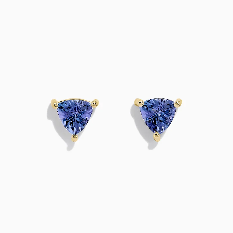 Ladies Earrings with Grandidierite-14K Yellow Gold Trillion Cut Tanzanite Stud Earrings, 0.65 TCW