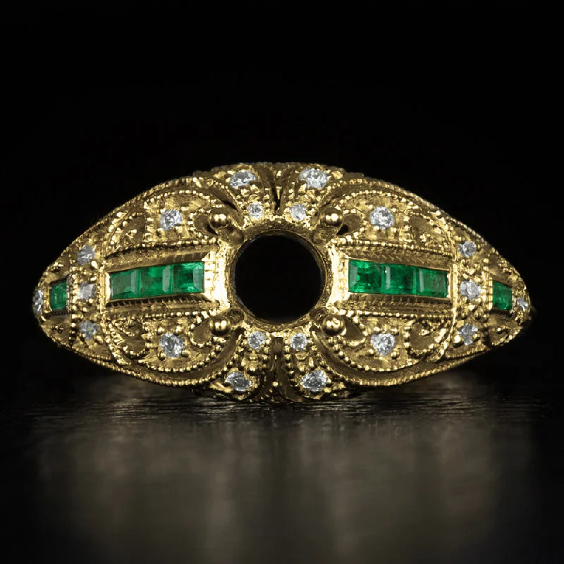 Ladies Engagement Rings Round Cut-EMERALD DIAMOND ENGAGEMENT RING SETTING VINTAGE STYLE ART DECO DOME YELLOW GOLD