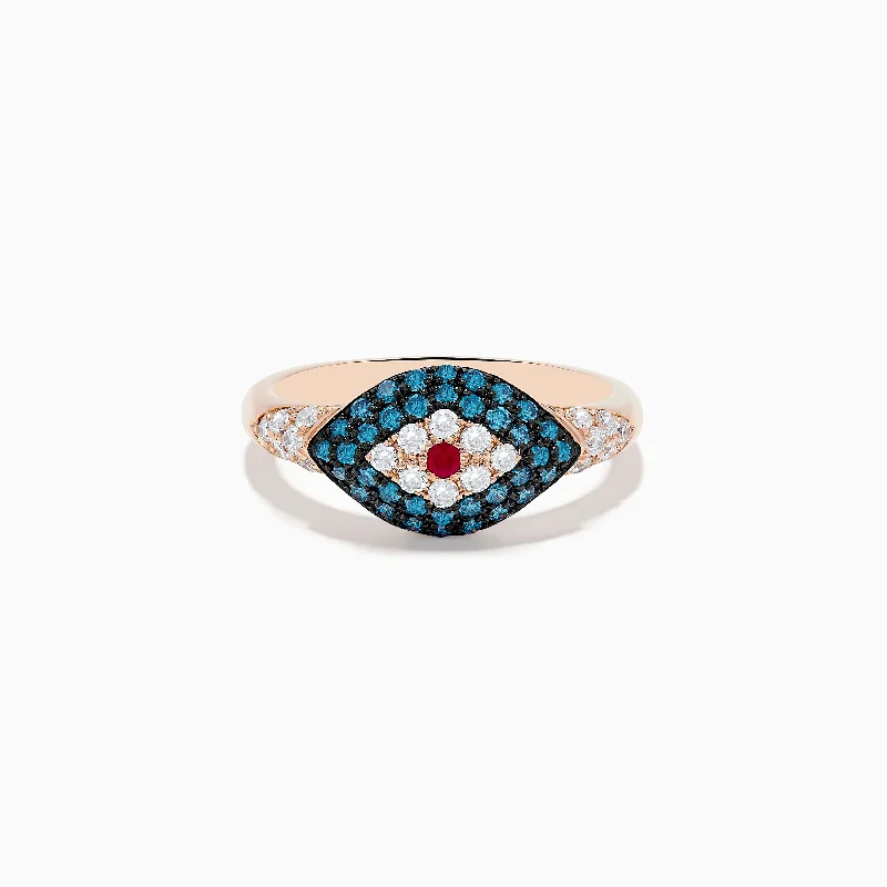 Ladies Rings with Variscite-Novelty 14K Rose Gold Blue Diamond and Ruby Evil Eye Ring