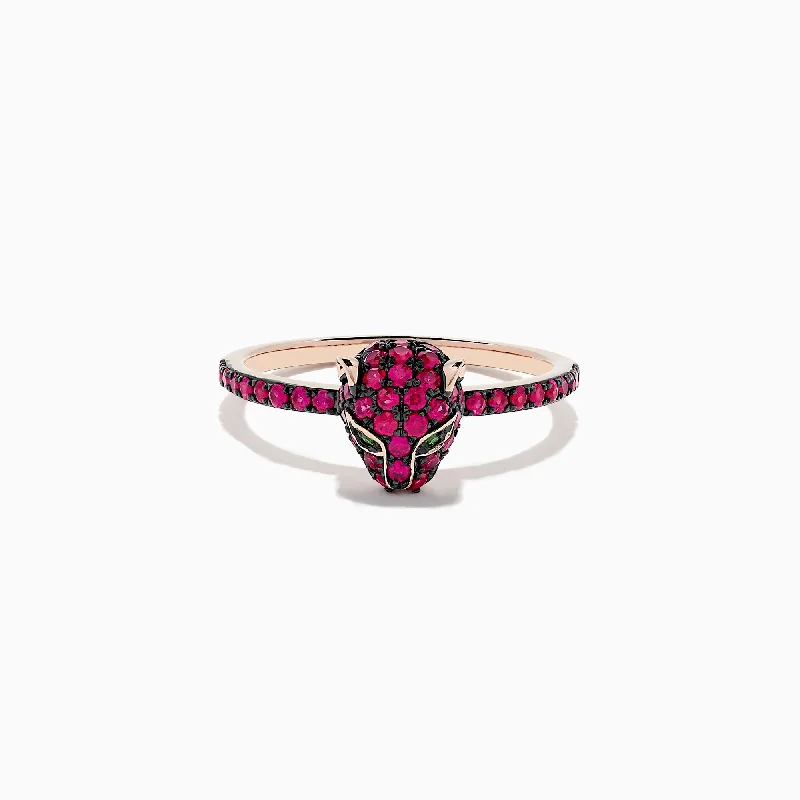 Ladies Rings with Serpentine-Signature 14K Rose Gold Ruby and Tsavorite Panther Ring, 0.59 TCW