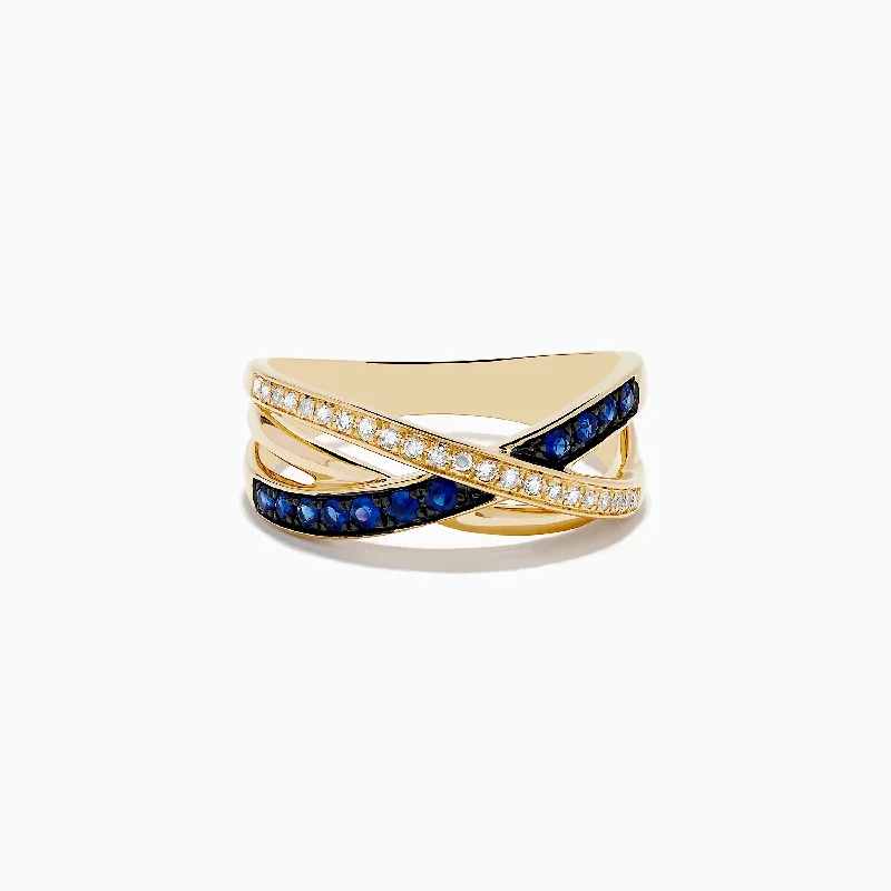 Ladies Rings for Best Friends-Royale Bleu 14K Yellow Gold Blue Sapphire and Diamond Crossover Ring