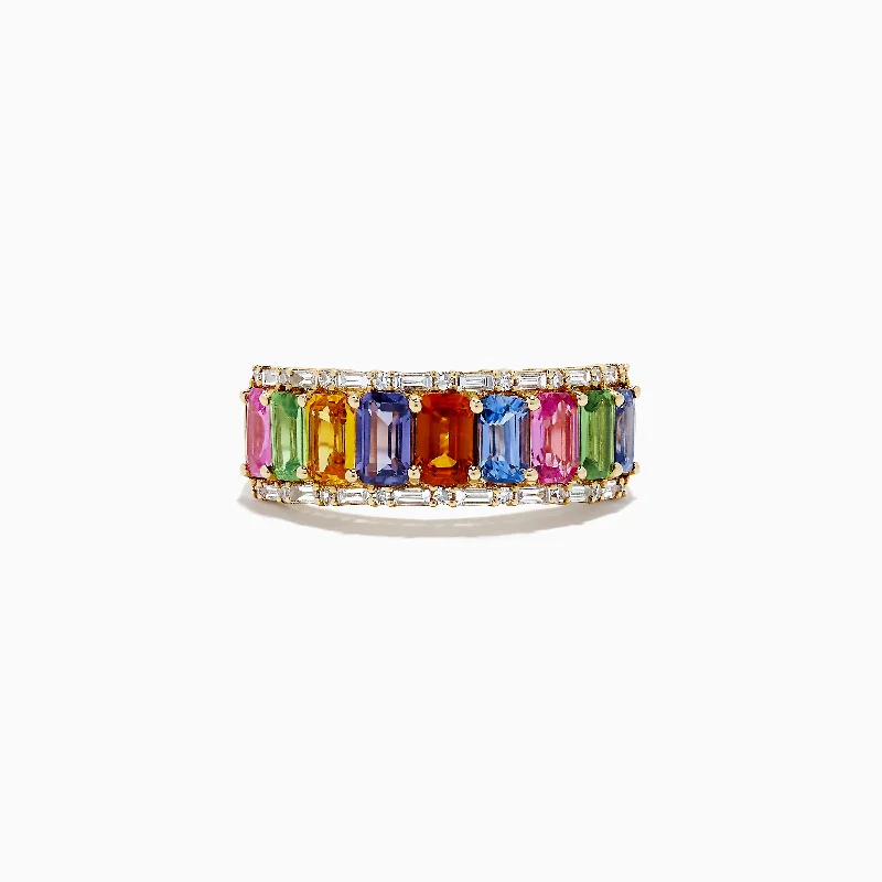 Ladies Rings Matte Finish-Watercolors 14K Yellow Multi Sapphire and Diamond Ring