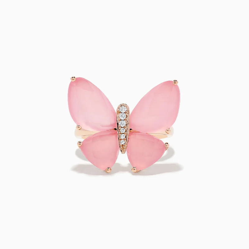 Ladies Rings with Heliodor-Nature 14K Rose Gold Rose Quartz and Diamond Butterfly Ring