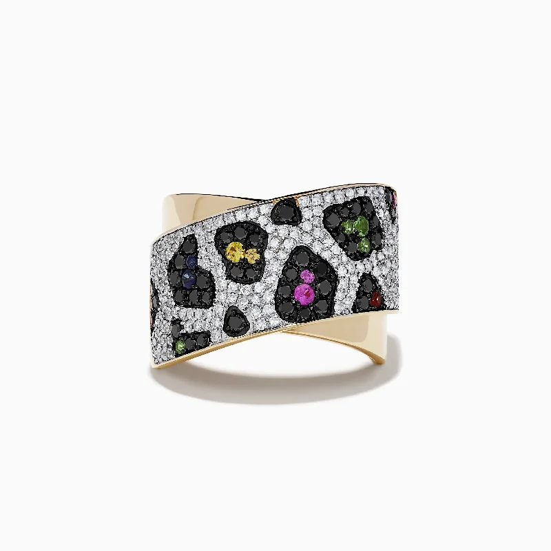 Ladies Rings with Spinel-Signature 14K Yellow Gold Multi Sapphire, Black and White Diamond Ring