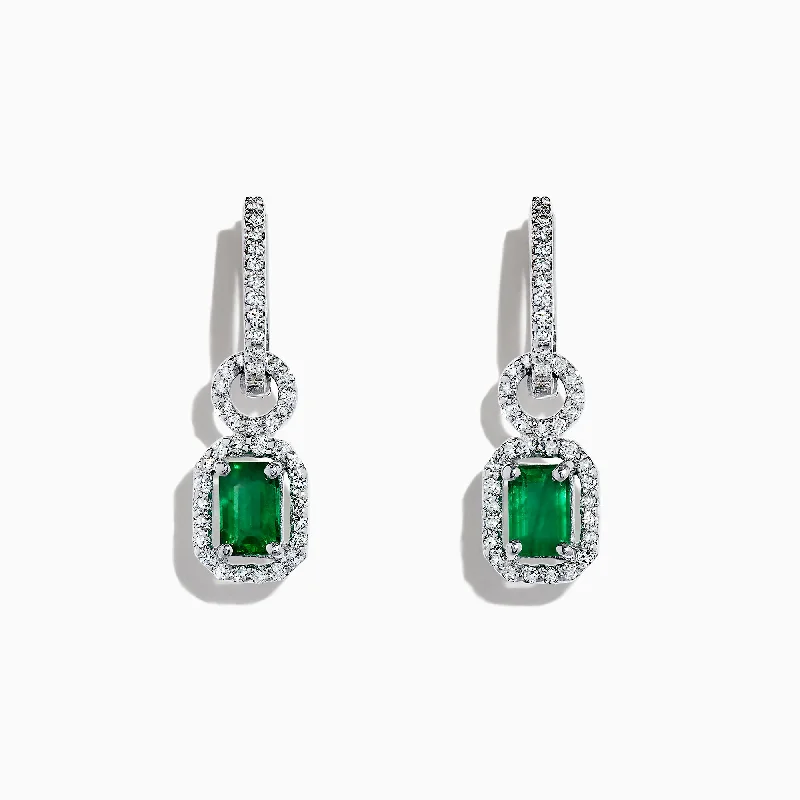 Ladies Earrings with Colemanite-Brasilica 14K White Gold Emerald and Diamond Drop Earrings, 1.47 TCW