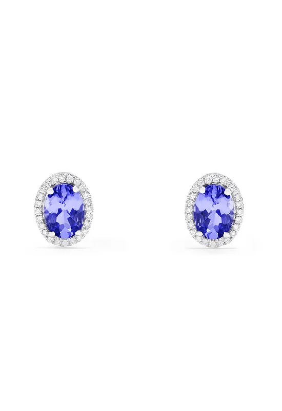 Ladies Earrings Key Shape-14K White Gold Tanzanite and Diamond Stud Earrings, 2.20 TCW