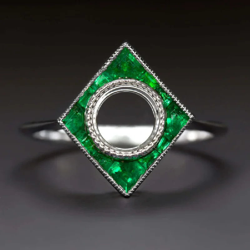 Ladies Engagement Rings with Zoisite-EMERALD 6.4mm ROUND ENGAGEMENT RING SETTING MOUNT ART DECO STYLE CALIBRE CUT