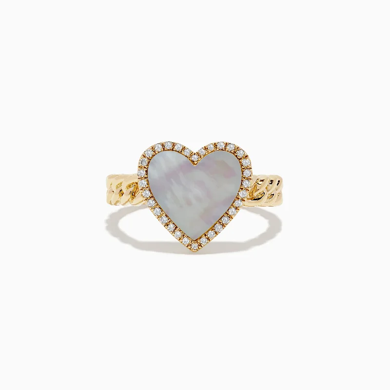 Ladies Rings Lotus Design-Novelty 14K Yellow Gold Mother of Pearl and Diamond Heart Ring