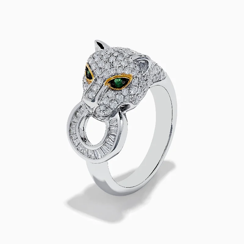 Ladies Rings for Date Night-14k Signature White Gold Diamond & Emerald Panther Ring