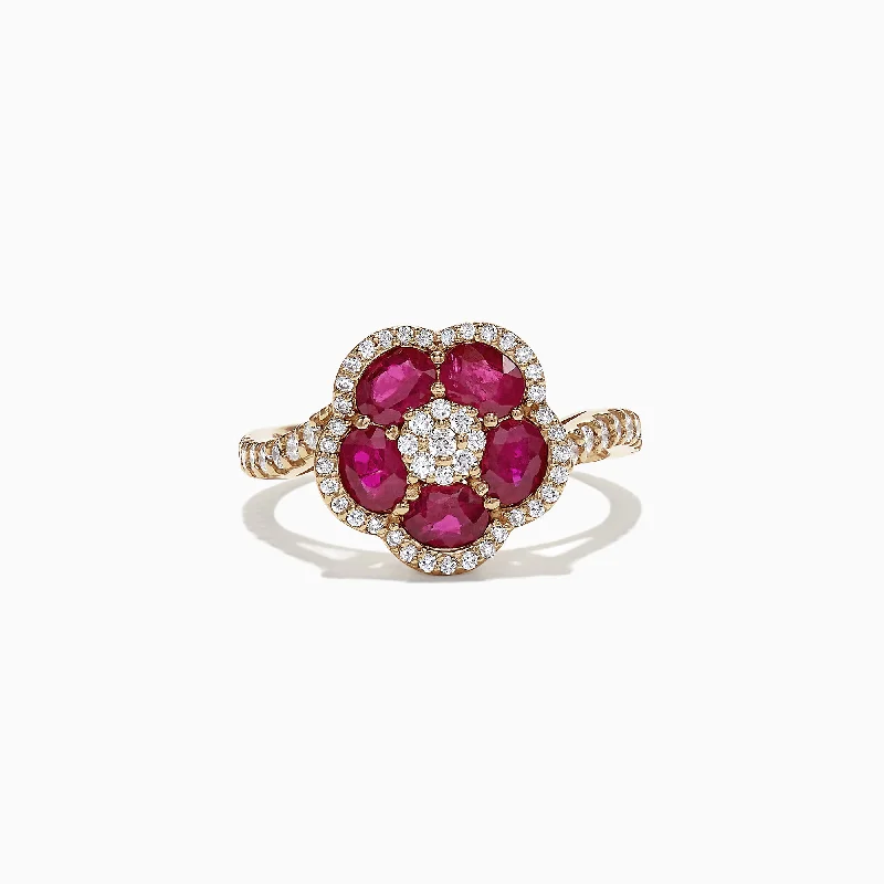 Ladies Rings with Milarite-Ruby Royale 14K Yellow Gold Ruby and Diamond Flower Ring, 1.84 TCW