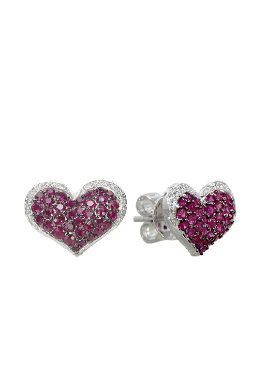 Ladies Earrings with Enstatite-14K White Gold Ruby and Diamond Heart Earrings, 1.00 TCW