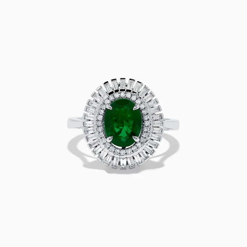 Ladies Rings Lock Design-14K White Gold Emerald and Diamond Ring