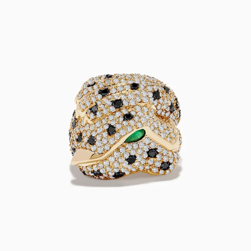 Ladies Rings Crescent Shape-Signature 14K Yellow Gold Emerald, Black and White Diamond Ring