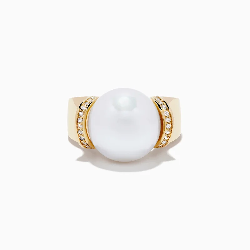 Ladies Rings for Athletes-14K Yellow Gold Fresh Water Pearl and Diamond Ring