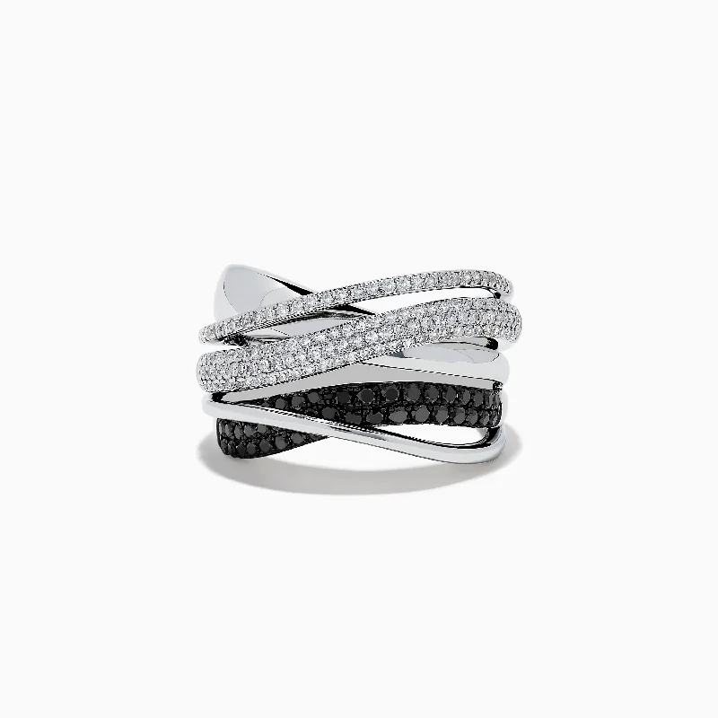 Ladies Rings with Crystals-Caviar 14K White Gold White and Black Diamond Crossover Ring