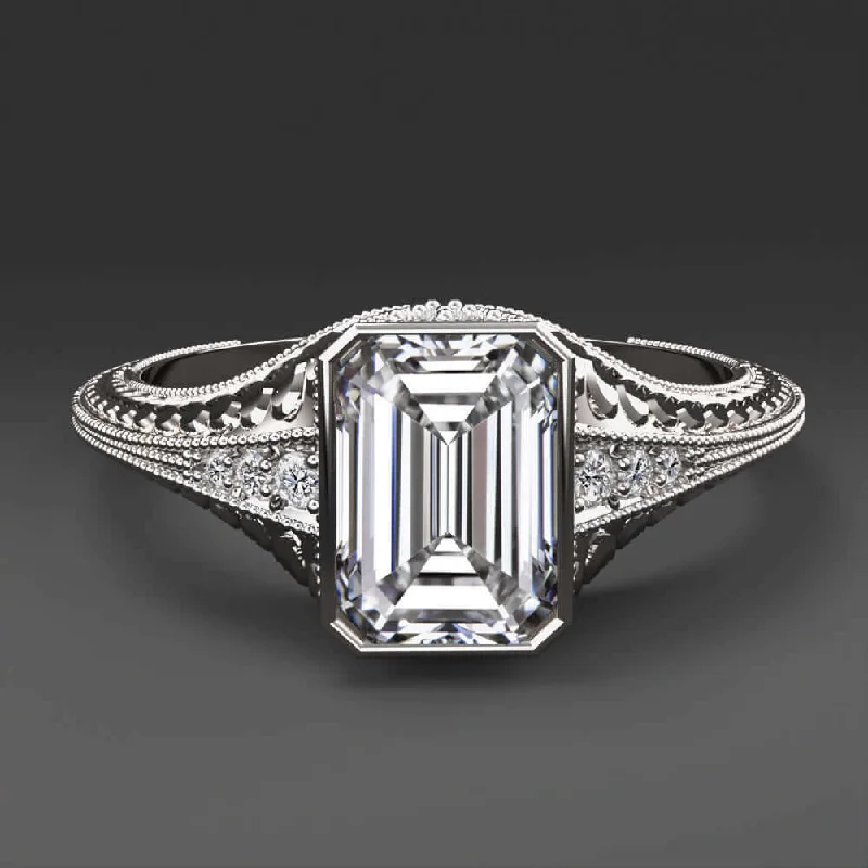 Ladies Engagement Rings Soulmate Band-1.5ct LAB CREATED DIAMOND ENGAGEMENT RING CERTIFIED F VS2 VINTAGE EMERALD CUT