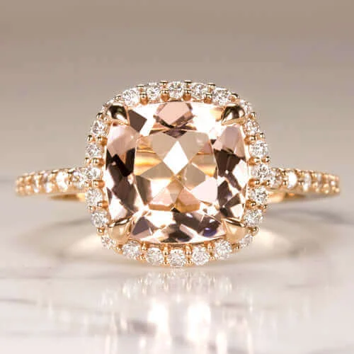 Ladies Engagement Rings Three Stone-2.6ct PEACH MORGANITE .53ct DIAMOND CUSHION HALO ENGAGEMENT RING ROSE GOLD PAVE