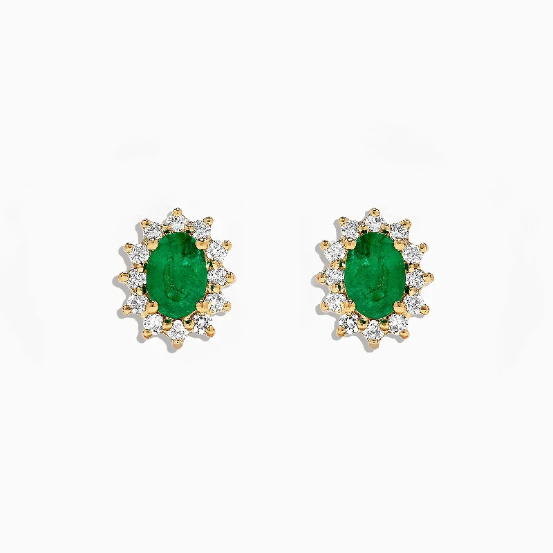 Ladies Earrings Cloud Shape-Brasilica 14K Yellow Gold Emerald and Diamond Stud Earrings, 1.99 TCW