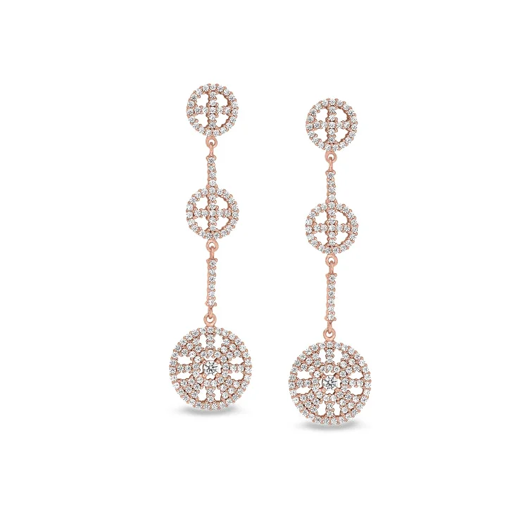 Ladies Earrings with Jade-Rose Gold Finish Sterling Silver Micropave Three Circle Drop Earrings with Simulated Diamonds