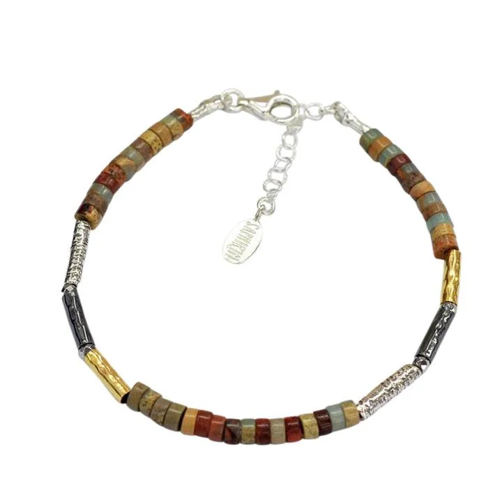 Whimsical Bracelets -Gold Vermeil Sterling Silver Three Colour Jasper Tube Bracelet