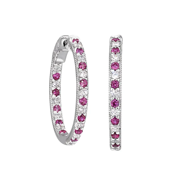 Ladies Earrings Wave Shape-Platinum Finish Sterling Silver Micropave Hoop Earrings with Simulated Rubies and Simulated  Diamonds