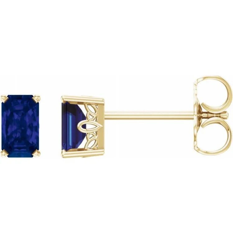 Ladies Earrings for Summer-14K Yellow Lab-Grown Blue Sapphire Earrings